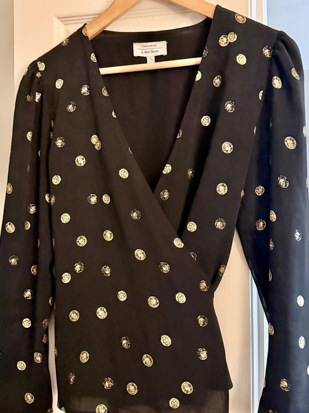 & Other Stories Black Wrap Blouse with Gold Dot Print